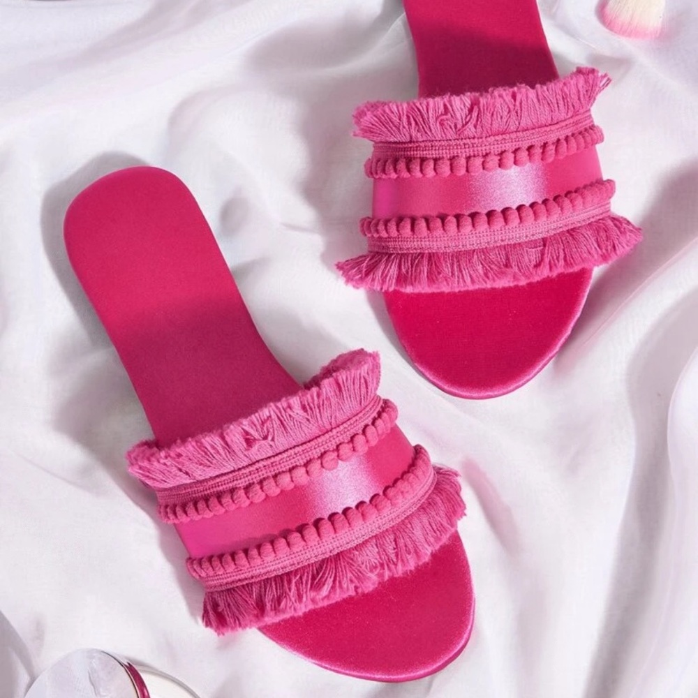 Glamorous Hot Pink Slide Sandals For Women, Fringe & Pom Pom Decor Flat Sandals